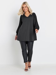 Yours Curve Black Pleated Sleeve V-Neck Top - Image 4 of 5