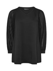 Yours Curve Black Pleated Sleeve V-Neck Top - Image 5 of 5