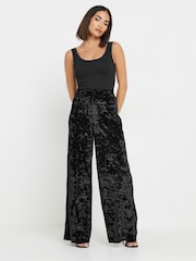 PixieGirl Petite Black Crushed Velour Wide Leg Trousers - Image 1 of 5