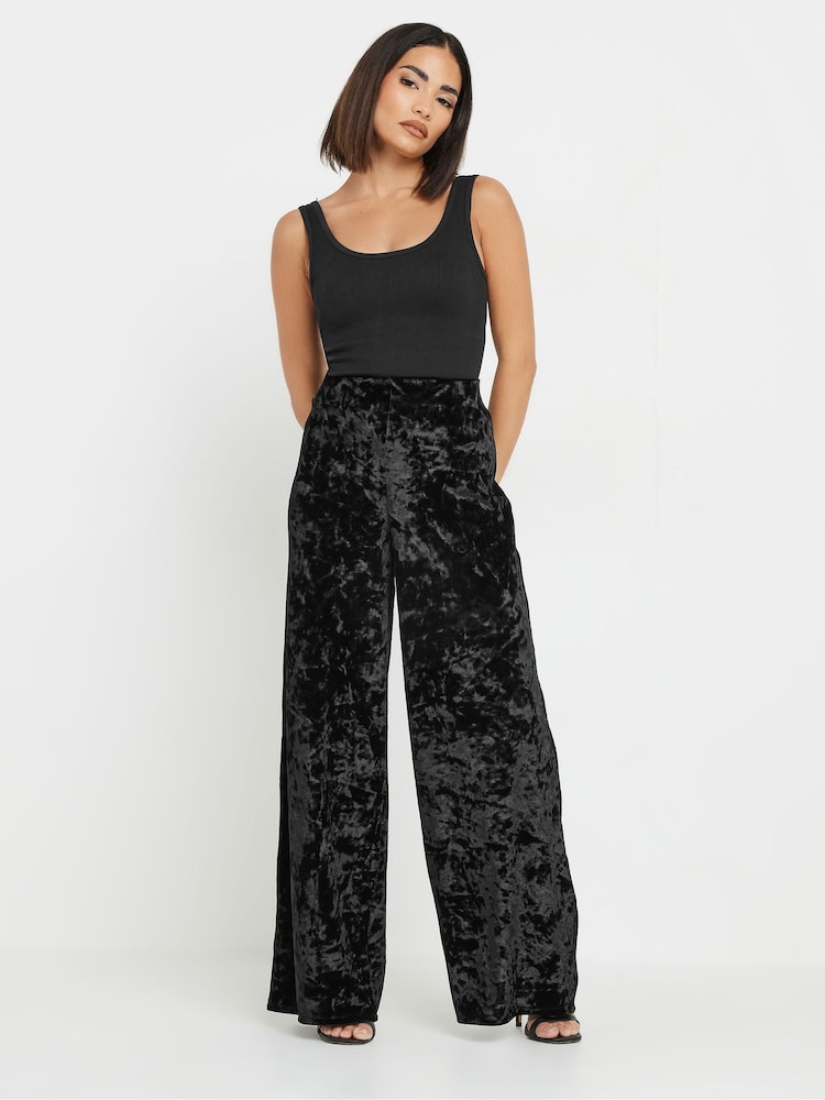 PixieGirl Petite Black Crushed Velour Wide Leg Trousers - Image 1 of 5