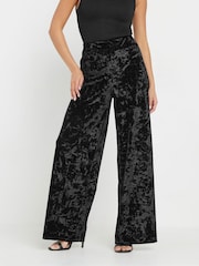 PixieGirl Petite Black Crushed Velour Wide Leg Trousers - Image 2 of 5