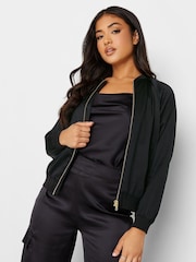 PixieGirl Petite Black Satin Bomber Jacket - Image 1 of 5