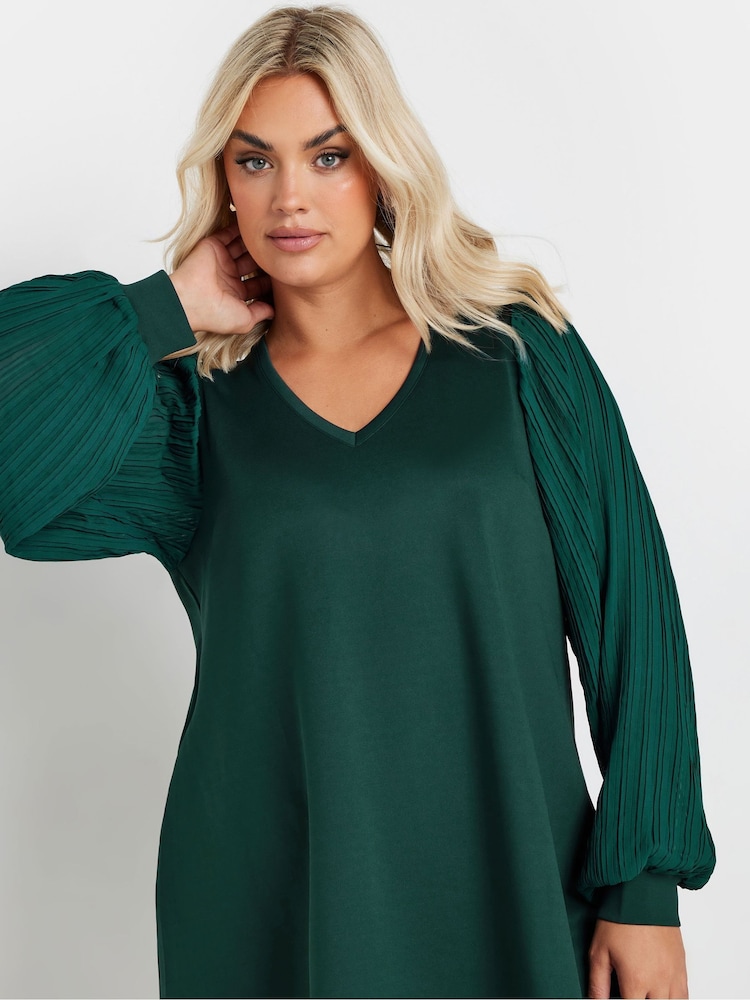 Yours Curve Green Pleated Sleeve V-Neck Top - Image 1 of 5