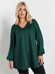Yours Curve Green Pleated Sleeve V-Neck Top - Image 2 of 5