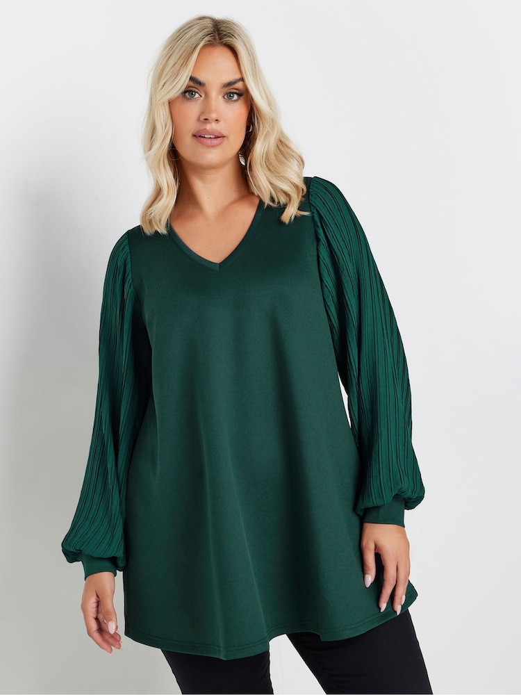 Yours Curve Green Pleated Sleeve V-Neck Top - Image 2 of 5