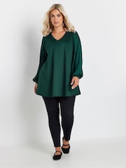 Yours Curve Green Pleated Sleeve V-Neck Top - Image 4 of 5