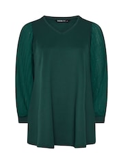 Yours Curve Green Pleated Sleeve V-Neck Top - Image 5 of 5