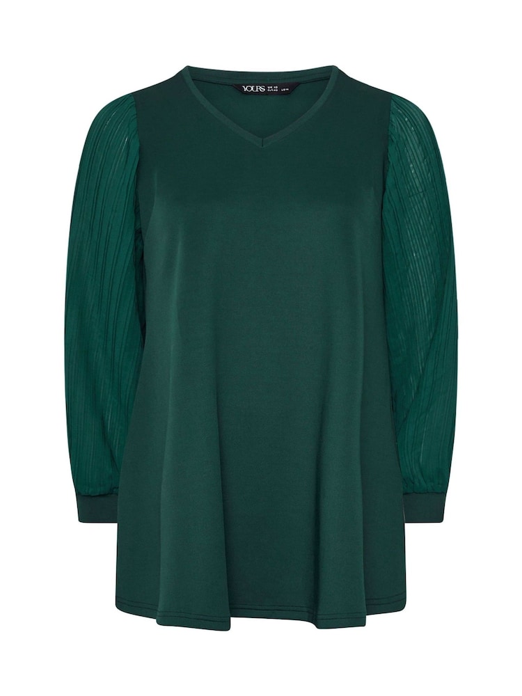 Yours Curve Green Pleated Sleeve V-Neck Top - Image 5 of 5