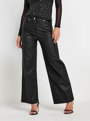 PixieGirl Petite Black PU Coated Wide Leg Trousers - Image 1 of 5