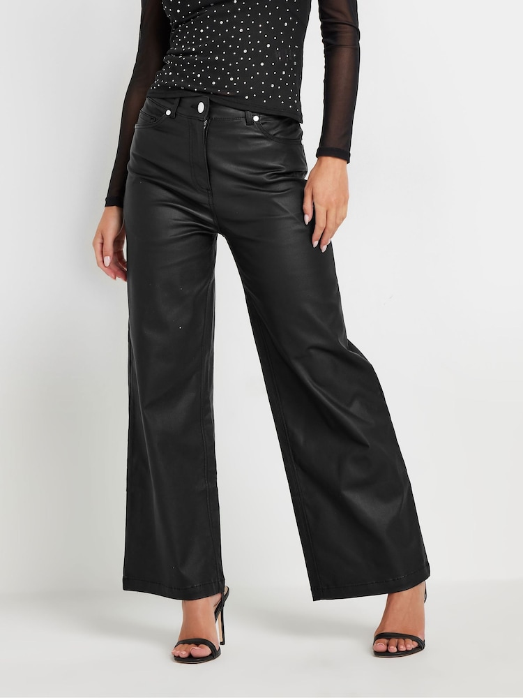 PixieGirl Petite Black PU Coated Wide Leg Trousers - Image 1 of 5