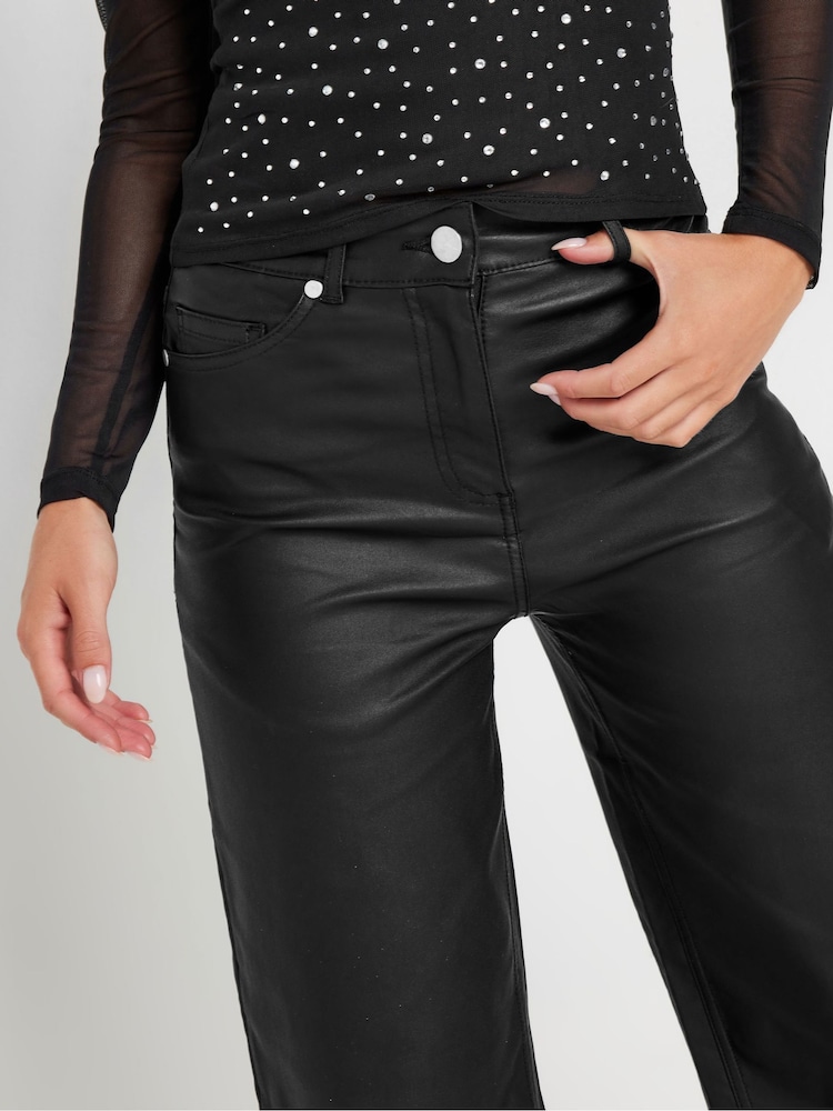 PixieGirl Petite Black PU Coated Wide Leg Trousers - Image 4 of 5