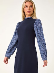 Roman Blue Petite Contrast Frill Neck Stretch Dress - Image 1 of 5