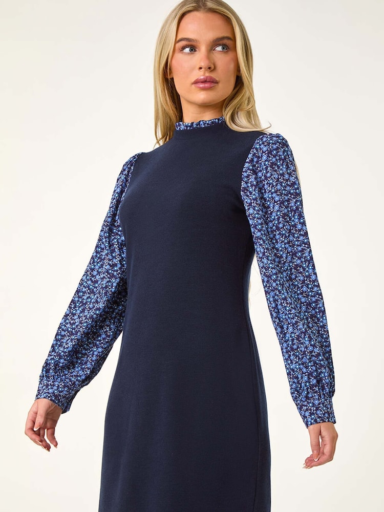 Roman Blue Petite Contrast Frill Neck Stretch Dress - Image 1 of 5