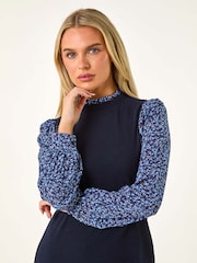 Roman Blue Petite Contrast Frill Neck Stretch Dress - Image 4 of 5