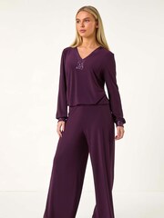 Roman Purple Petite Elastic Waist Wide Leg Stretch Trousers - Image 2 of 5