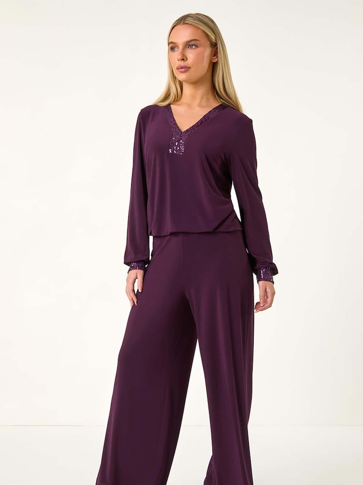 Roman Purple Petite Elastic Waist Wide Leg Stretch Trousers - Image 2 of 5