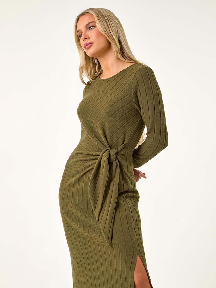 Roman Green Petite Brushed Tie Waist Stretch Midi Dress - Image 1 of 5