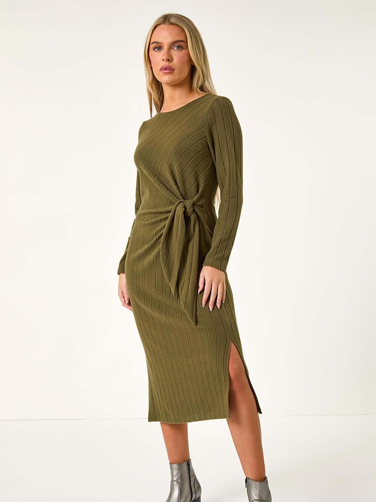 Roman Green Petite Brushed Tie Waist Stretch Midi Dress - Image 2 of 5