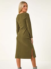 Roman Green Petite Brushed Tie Waist Stretch Midi Dress - Image 3 of 5