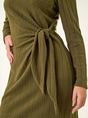 Roman Green Petite Brushed Tie Waist Stretch Midi Dress - Image 5 of 5