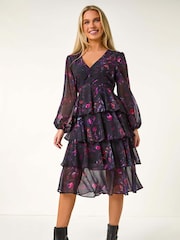 Roman Black Petite Floral Print Tiered Midi Dress - Image 2 of 5
