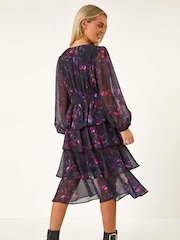 Roman Black Petite Floral Print Tiered Midi Dress - Image 3 of 5