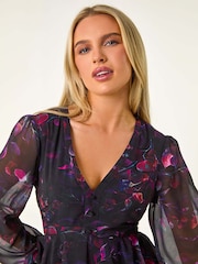 Roman Black Petite Floral Print Tiered Midi Dress - Image 4 of 5
