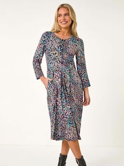 Roman Black Petite Animal Print Button Stretch Midi Dress - Image 1 of 5