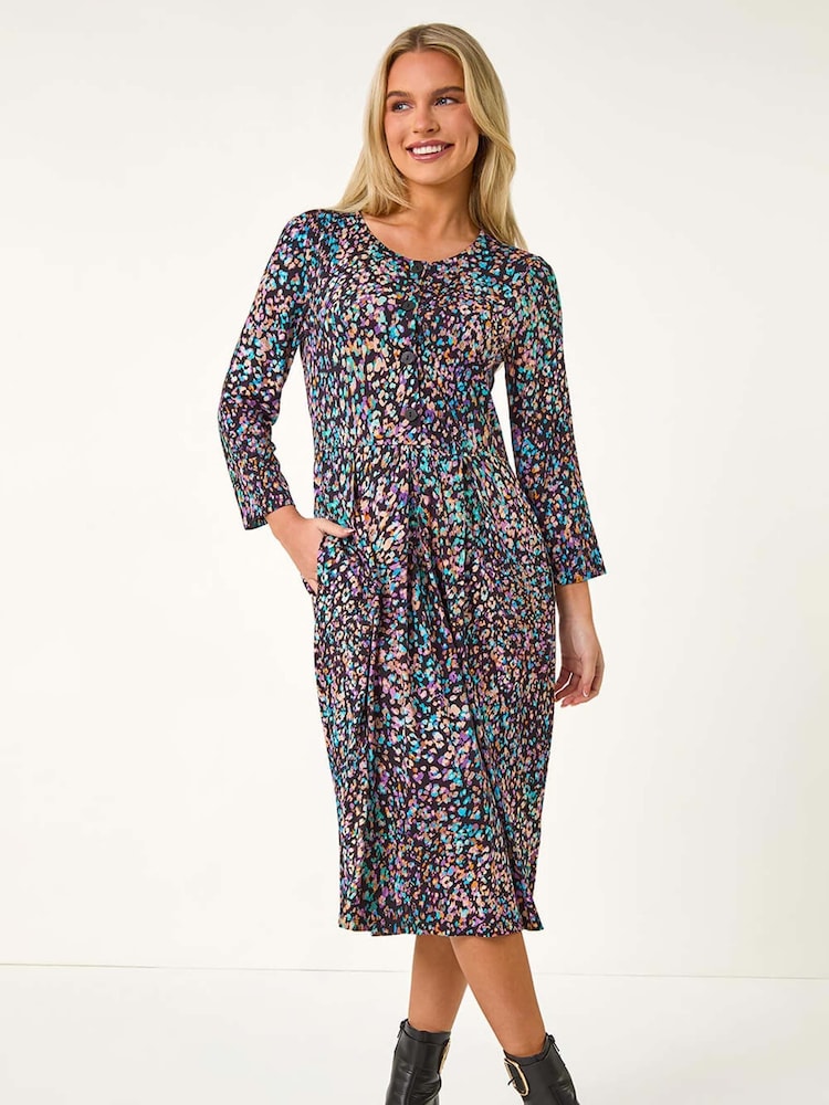 Roman Black Petite Animal Print Button Stretch Midi Dress - Image 1 of 5