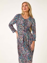 Roman Black Petite Animal Print Button Stretch Midi Dress - Image 2 of 5