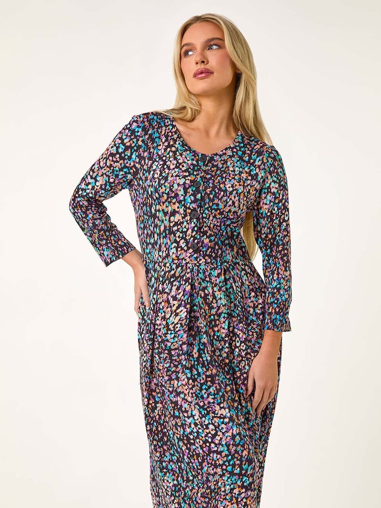 Roman Black Petite Animal Print Button Stretch Midi Dress - Image 2 of 5