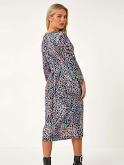 Roman Black Petite Animal Print Button Stretch Midi Dress - Image 3 of 5