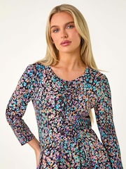 Roman Black Petite Animal Print Button Stretch Midi Dress - Image 4 of 5