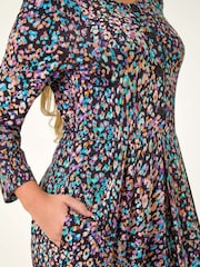 Roman Black Petite Animal Print Button Stretch Midi Dress - Image 5 of 5