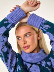 Roman Blue Petite Floral Print Roll Neck Jumper - Image 1 of 5