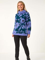 Roman Blue Petite Floral Print Roll Neck Jumper - Image 2 of 5