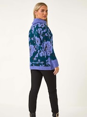Roman Blue Petite Floral Print Roll Neck Jumper - Image 3 of 5