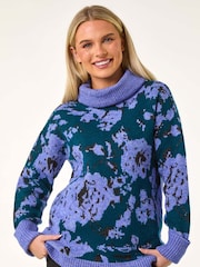 Roman Blue Petite Floral Print Roll Neck Jumper - Image 4 of 5