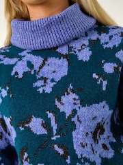 Roman Blue Petite Floral Print Roll Neck Jumper - Image 5 of 5