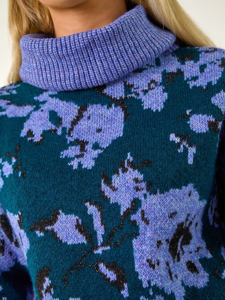 Roman Blue Petite Floral Print Roll Neck Jumper - Image 5 of 5