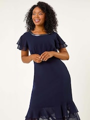 Roman Blue Petite Double Frill Midi Dress - Image 1 of 5