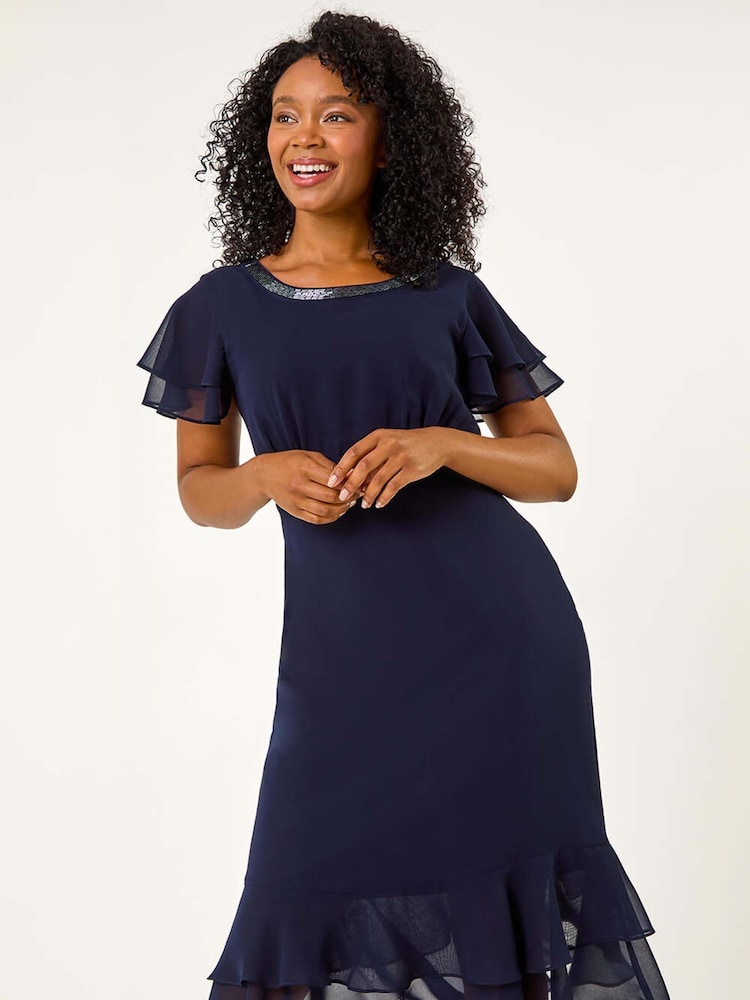 Roman Blue Petite Double Frill Midi Dress - Image 1 of 5
