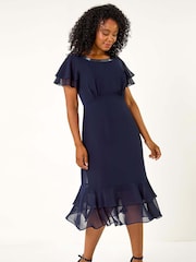 Roman Blue Petite Double Frill Midi Dress - Image 2 of 5