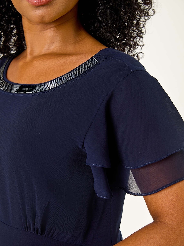 Roman Blue Petite Double Frill Midi Dress - Image 5 of 5