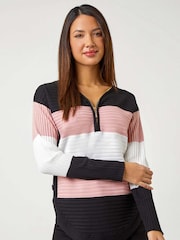 Roman Pink Cotton Blend Stripe Zip Knit Jumper - Image 1 of 6
