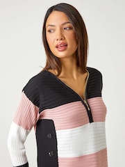 Roman Pink Cotton Blend Stripe Zip Knit Jumper - Image 5 of 6