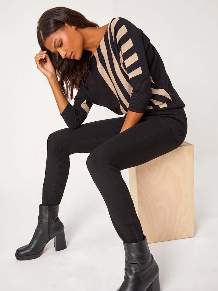 Roman Black Contrast Stripe Print Knit Jumper - Image 1 of 5