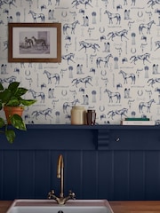 Joules Cream/Blue Sketched Equestrian Print 10M Wallpaper - Image 1 of 4