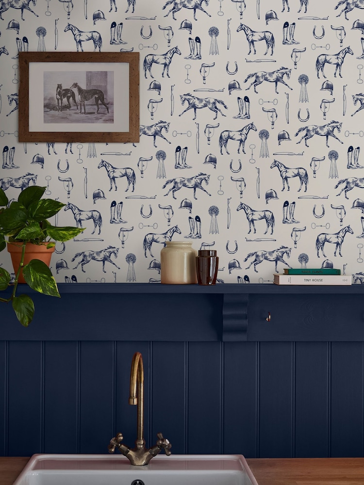 Joules Cream/Blue Sketched Equestrian Print 10M Wallpaper - Image 1 of 4