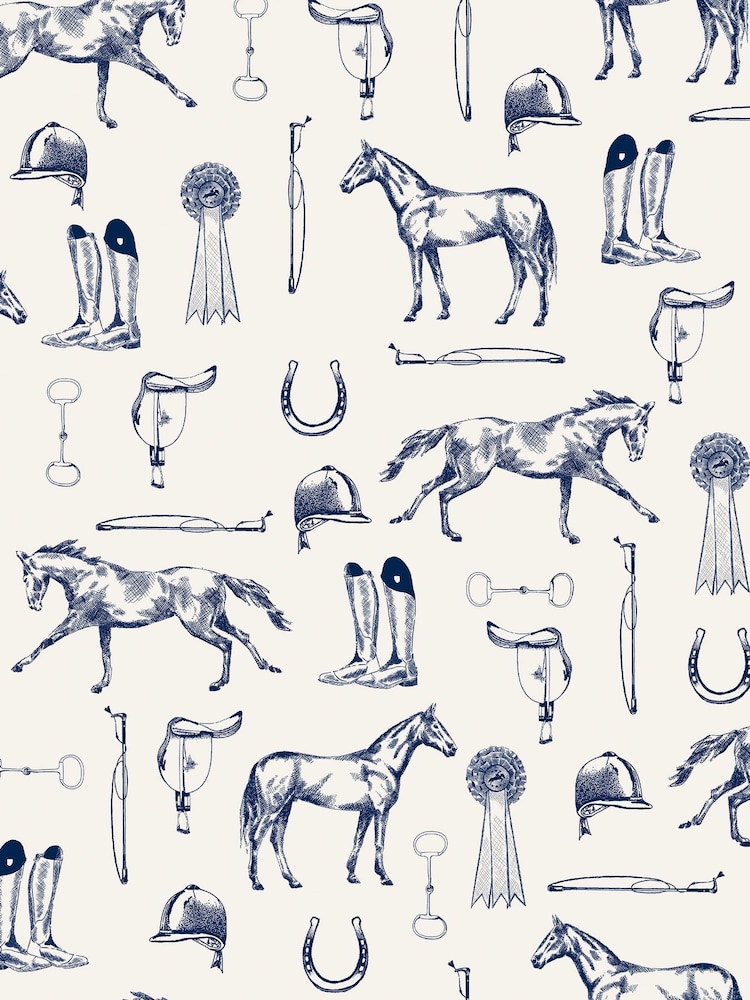 Joules Cream/Blue Sketched Equestrian Print 10M Wallpaper - Image 2 of 4